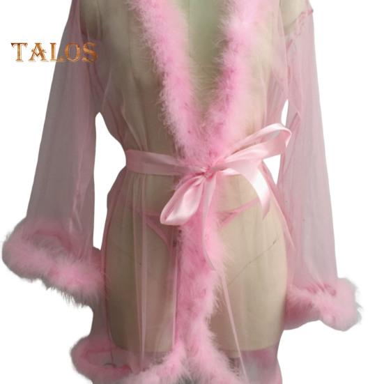 Lady Nightgown Plush Trim Ultra Thin See-through Mesh Ruffle with Adjustable Waist Tie Solid Color Pleated Slutty Pajama Party Wear Sleepwear