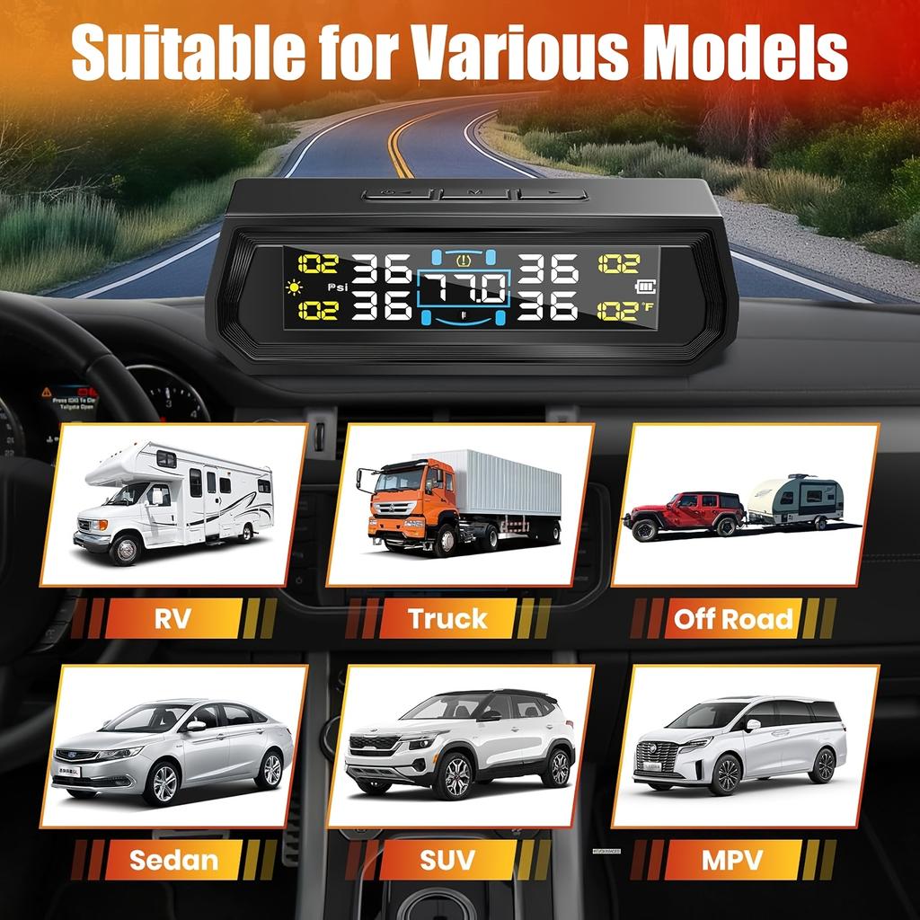 Car TPMS With USB Charging Solar Powered Display With 4 External Tire Sensor For Auto Tyre Security Device
