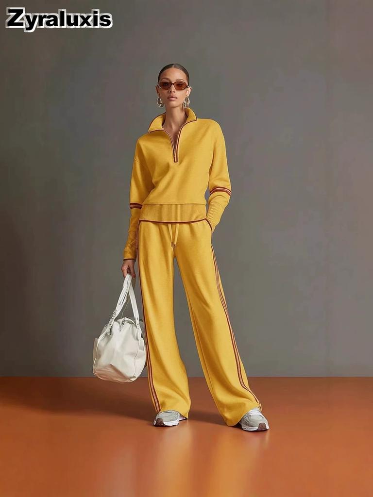 New Casual Sports Set Wind-Breasted Color Block Hoodie Wide Leg Pants Two Piece Outfit