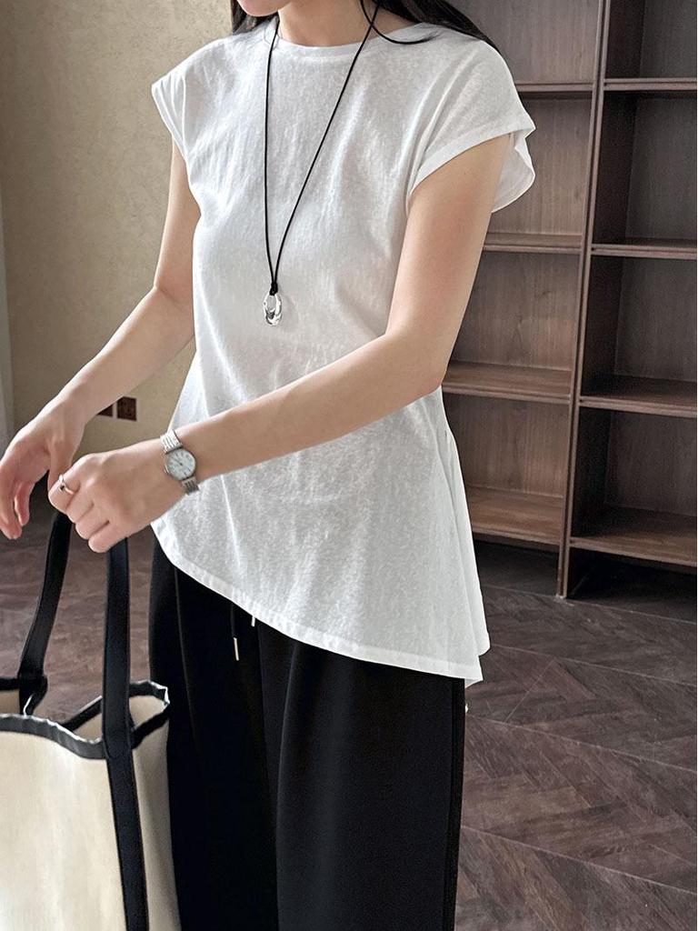 LUXI Koreanisches Schlank geschnittenes Kurzarm-T-Shirt mit Schnürung und unregelmäßigem Saum für Damen