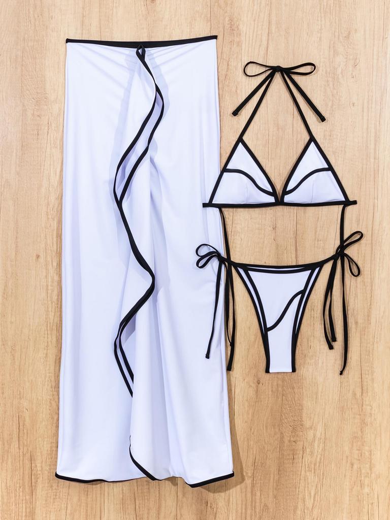 2025 European & American Color Block Bikini Dress 3-Piece Set for Seaside Vacation