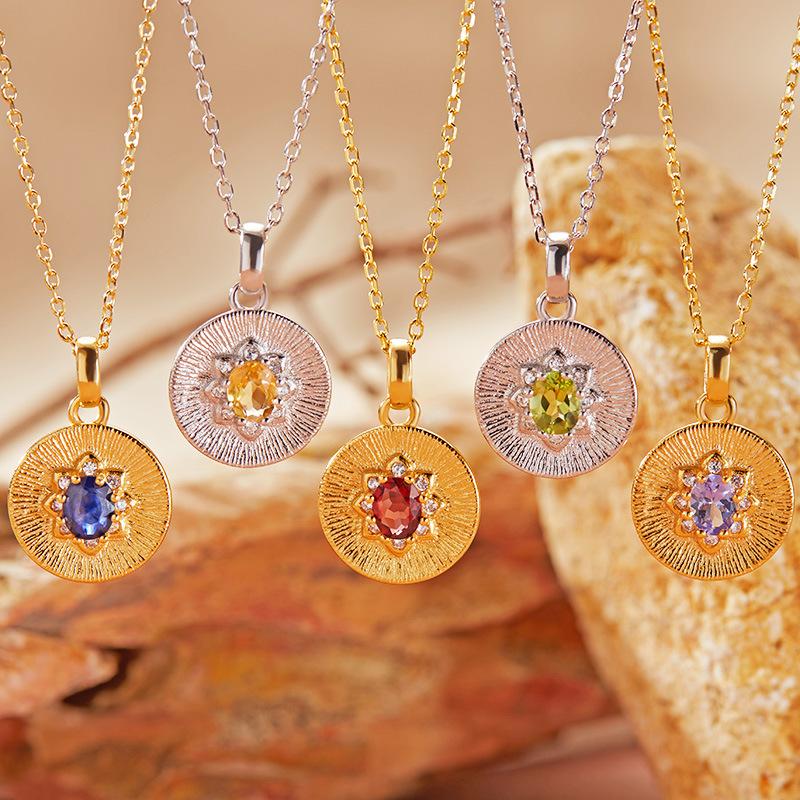 Collana Tesoro Colorato con Zaffiro Naturale, Granato Tanzaniano, Peridoto, Ciondolo da Donna, Argento Sterling S925, Design con Piatto di Giada