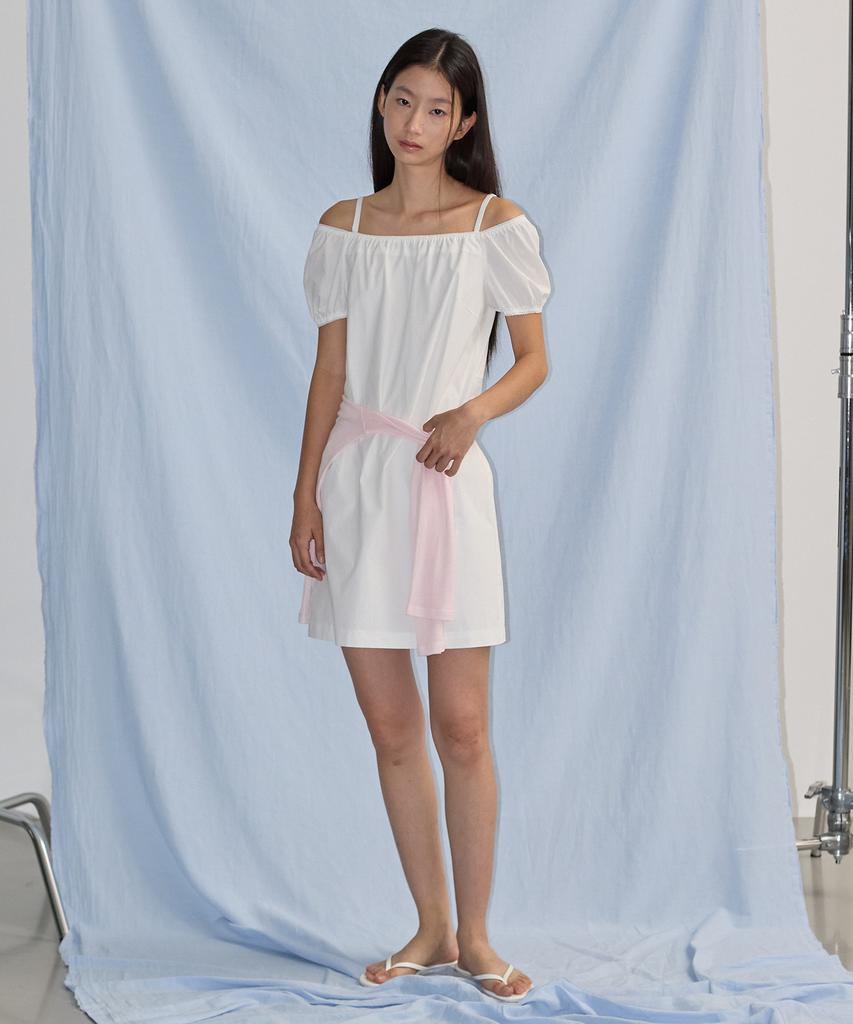 City Breeze Square Neck Off-Shoulder Short Sleeve Dress_White