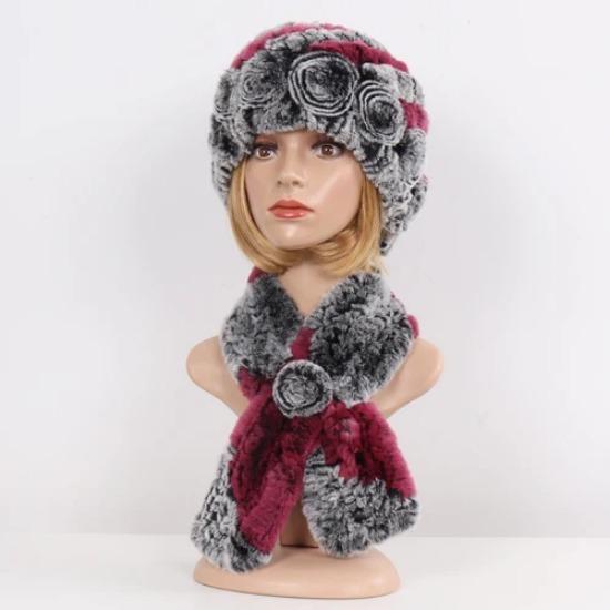 Hot Sale Lady Natural Fur Hats Scarves Sets Women Winter Knit Real Rex Rabbit Fur Hats Muffle 2 Pieces Real Fur Hat Scarf