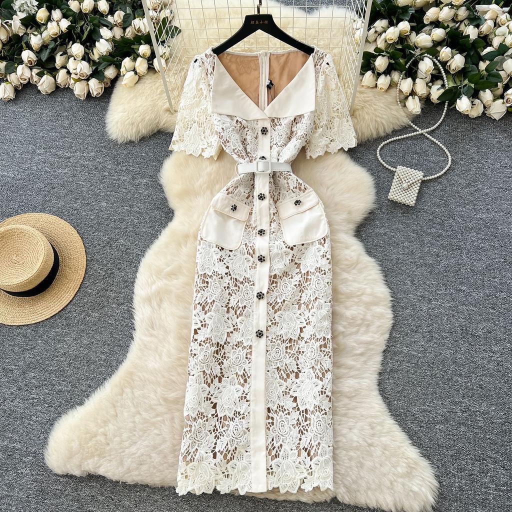 Light luxury celebrity court style lapel dress women's summer hollow crochet embroidery single-breasted design beautiful long dress