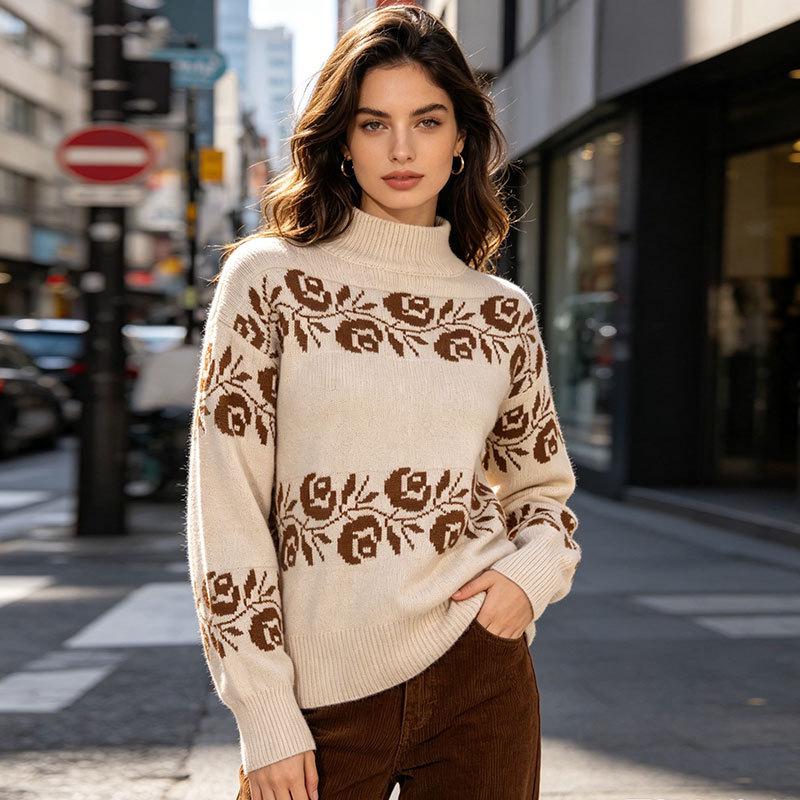 Suéter Bordado de Otoño e Invierno para Mujer - Corte Holgado, Jersey de Punto con Cuello Semialto