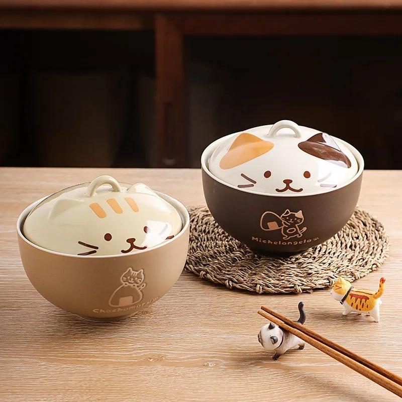 Creative Japanese Ceramic Soup Bowl Cute Cartoon Animals Cat Bowl with Lid Household Instant Noodles Rice Bowls Tableware
