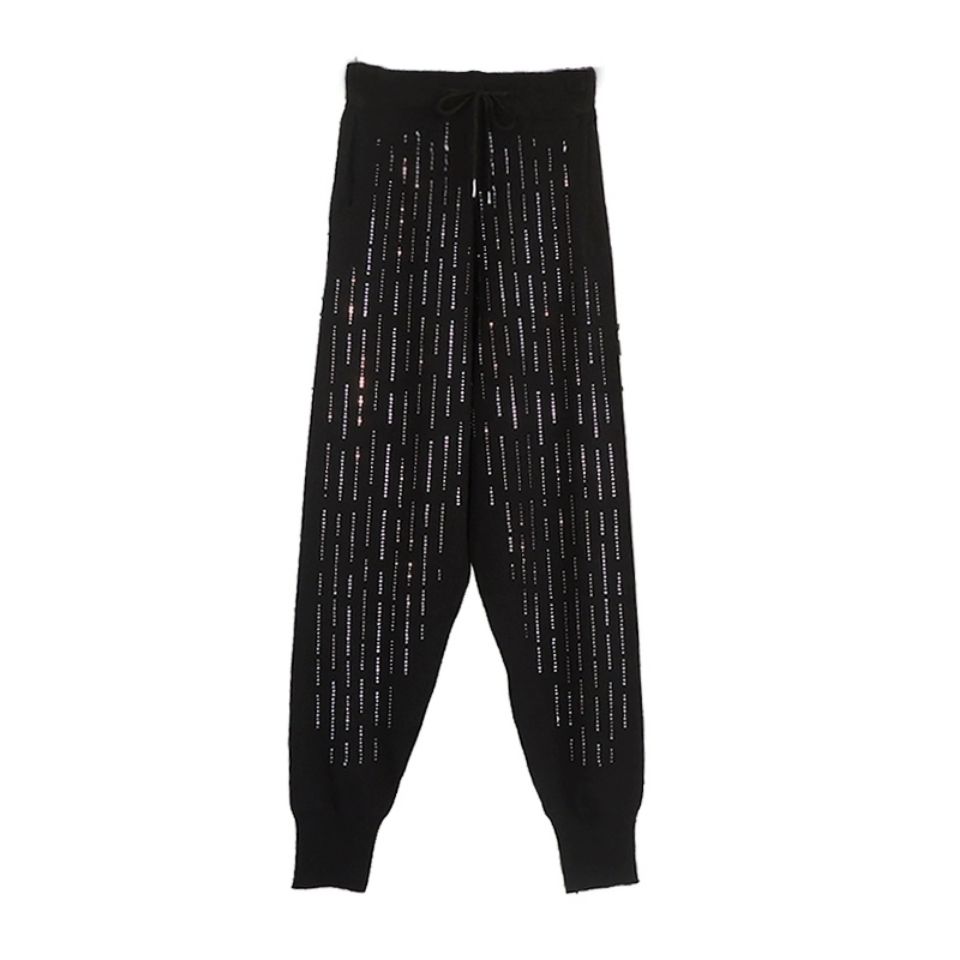 Fall/Winter Women's High-Waist Knit Pants Rhinestone Loose Knit Harem Pants Casual Knit Sweatpants