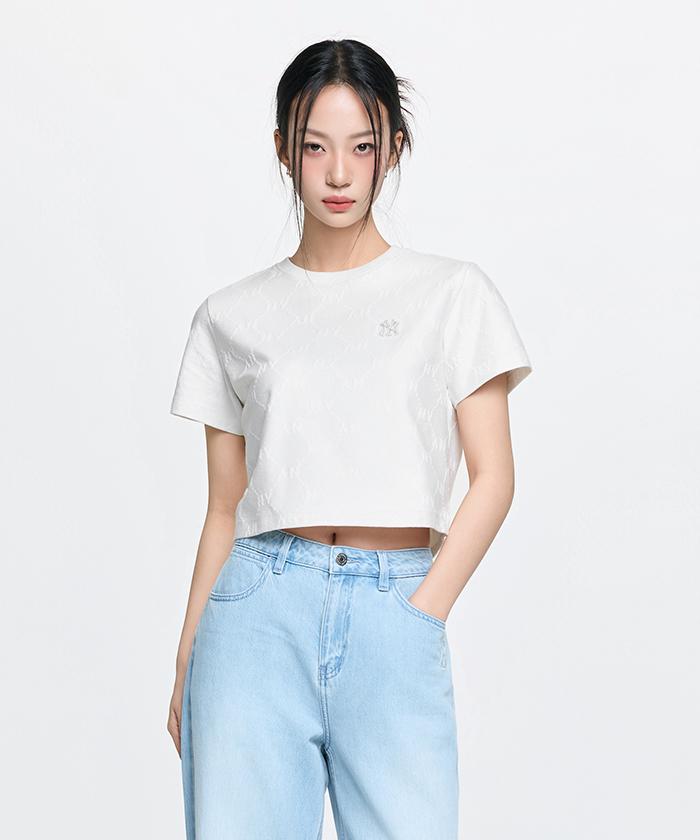 Emelbi Women'S Diamond Monogram Tone-Tone Jacquard Crop Short Sleeve T-Shirt Ny (Ivory)