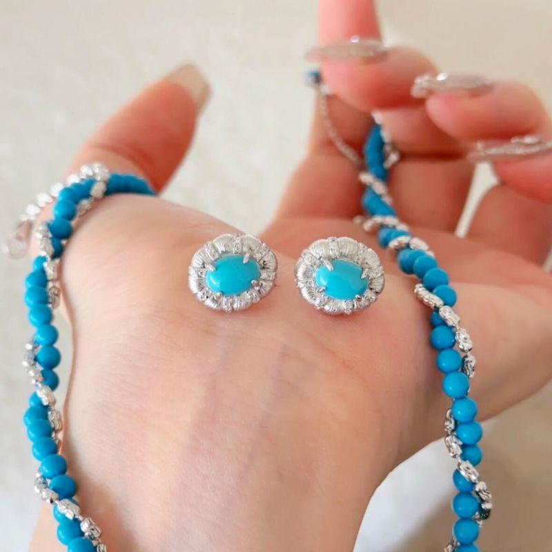 Light Luxury High Quality Turquoise Earrings For Women Fashion Oval Wire Drawing Blue Earings Stud Wedding Jewelry