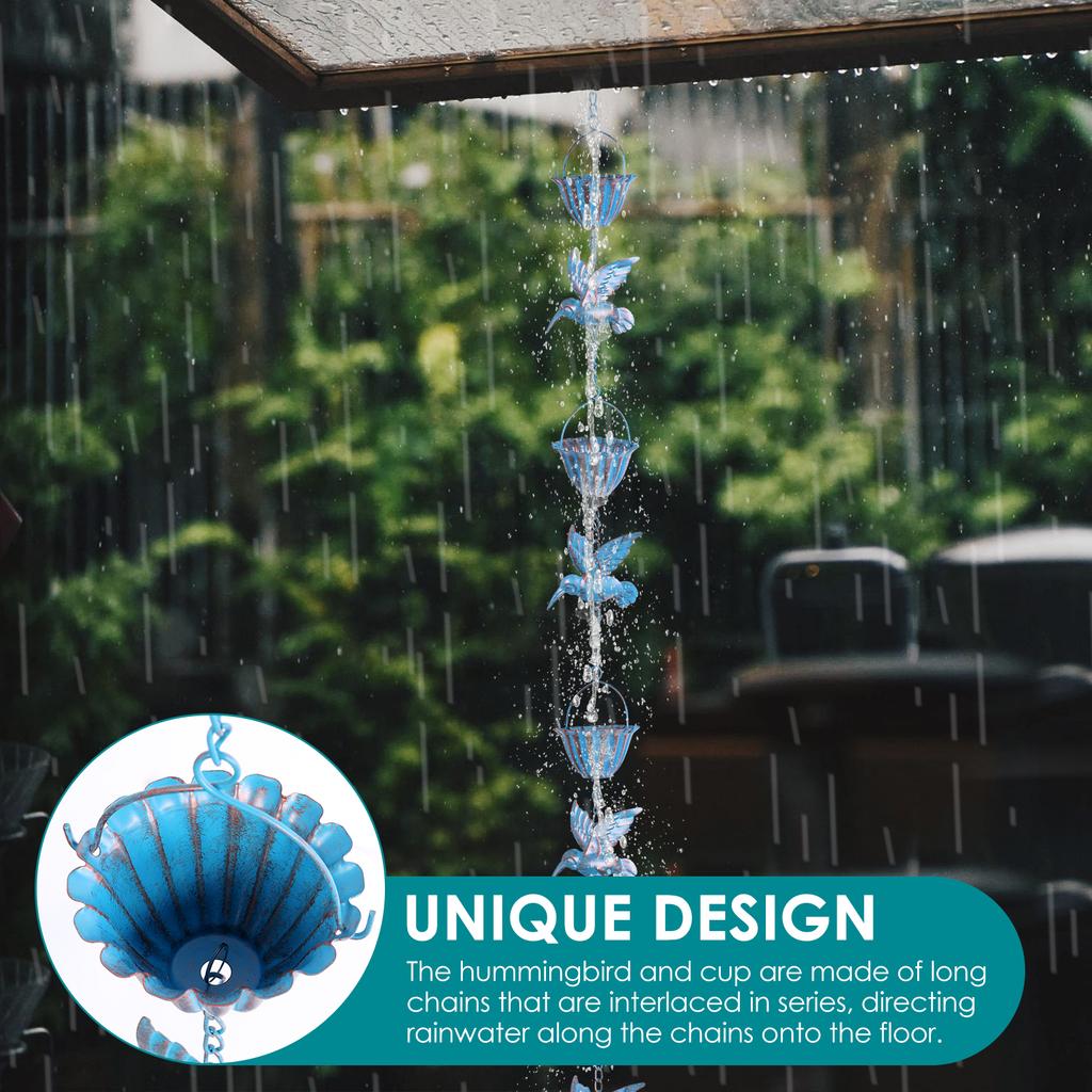 Rain Chain Hummingbird and Cup Shaped Rain Catcher Chain Metal Outdoor Garden Decoration Functional Replacement for Downspout