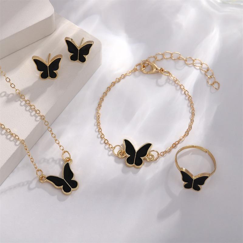 Pearl Butterfly Jewelry Set Oil Drop Butterfly Charm Pearl Bracelet Earrings Necklace Girls Jewelry Set