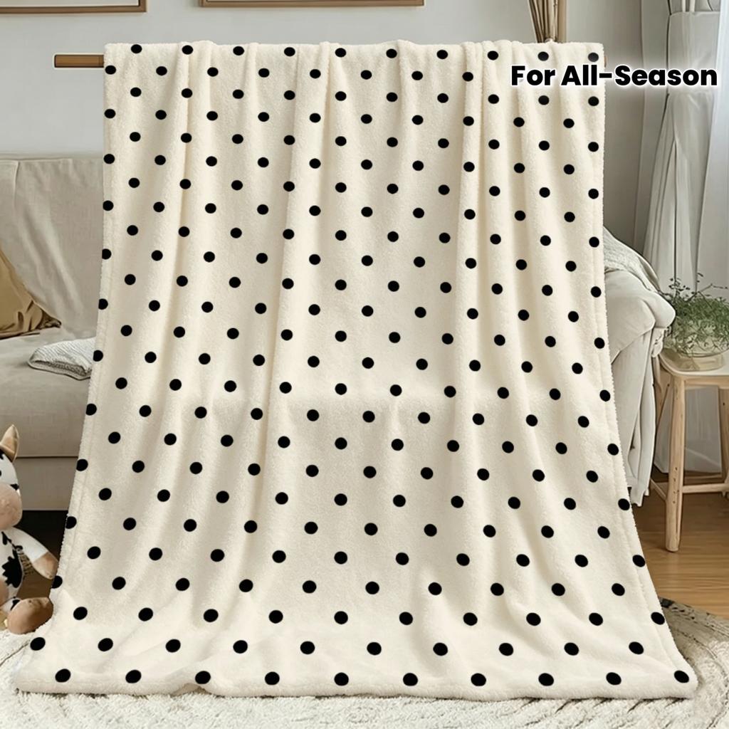 1pc, Simple Polka Dot Print Flannel Blanket, Base with All-over Small Black Polka Dots, Single-sided Print. Suitable for Sofas, Camping, Beds, Offices