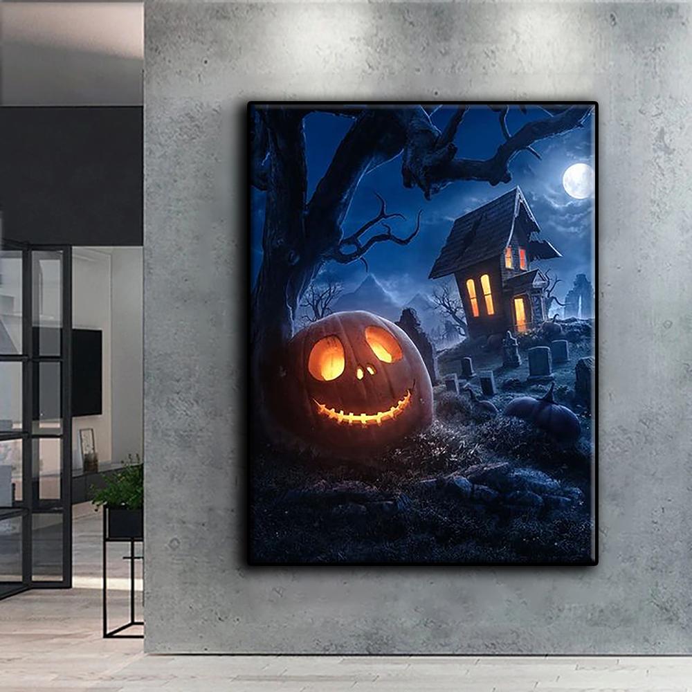 Popular 5D Diy Cross Stitch Halloween Pumpkin And Witch Castle Painting Full Drill Cross-Stitch Crafts Kit Wall Sticker Home Decor