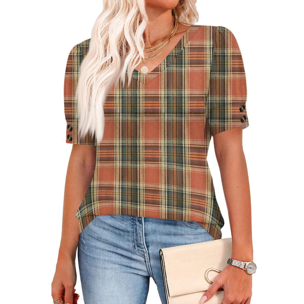 Damen Tops Kurzarmhemden Knöpfe V-Ausschnitt Mode Outfits Blusen Lässig