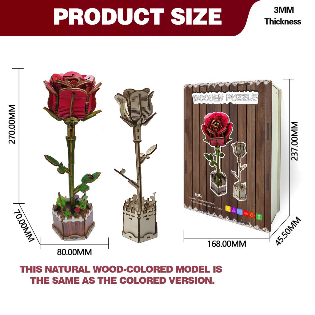Wacocetoy Cross-Border Red Rose Puzzle 3D Wooden Diy Coloring Toy 2-In-1 Set Ornament Puzzle