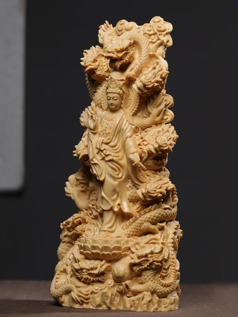 Dragon God Buddha Statue [Nine Dragon Kannon Bodhisattva] Kannon Ornament for Good Fortune and Prosperity, for Buddhist Altar, Hinoki Wood Carving (He