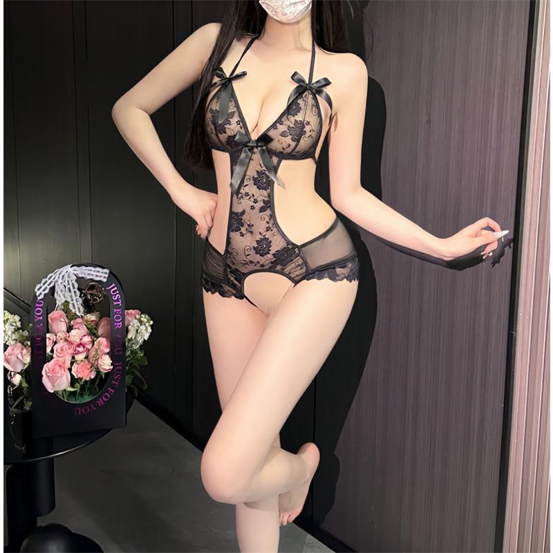Bow One-piece Open Crotch Free Sex Underwear Sexy Suspenders Pure Desire Uniform Lace Seduction Pajamas 8