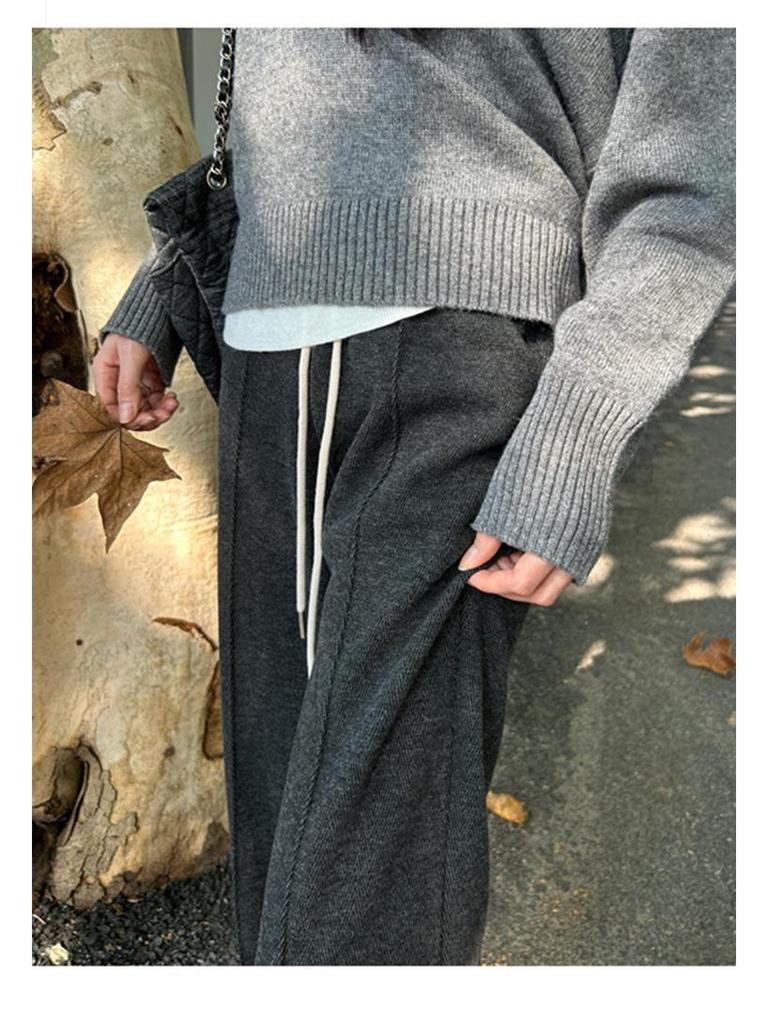 Women's Early Autumn Fleece-Lined High-Waisted Herringbone Trousers: Slimming, Casual Straight-Leg Design