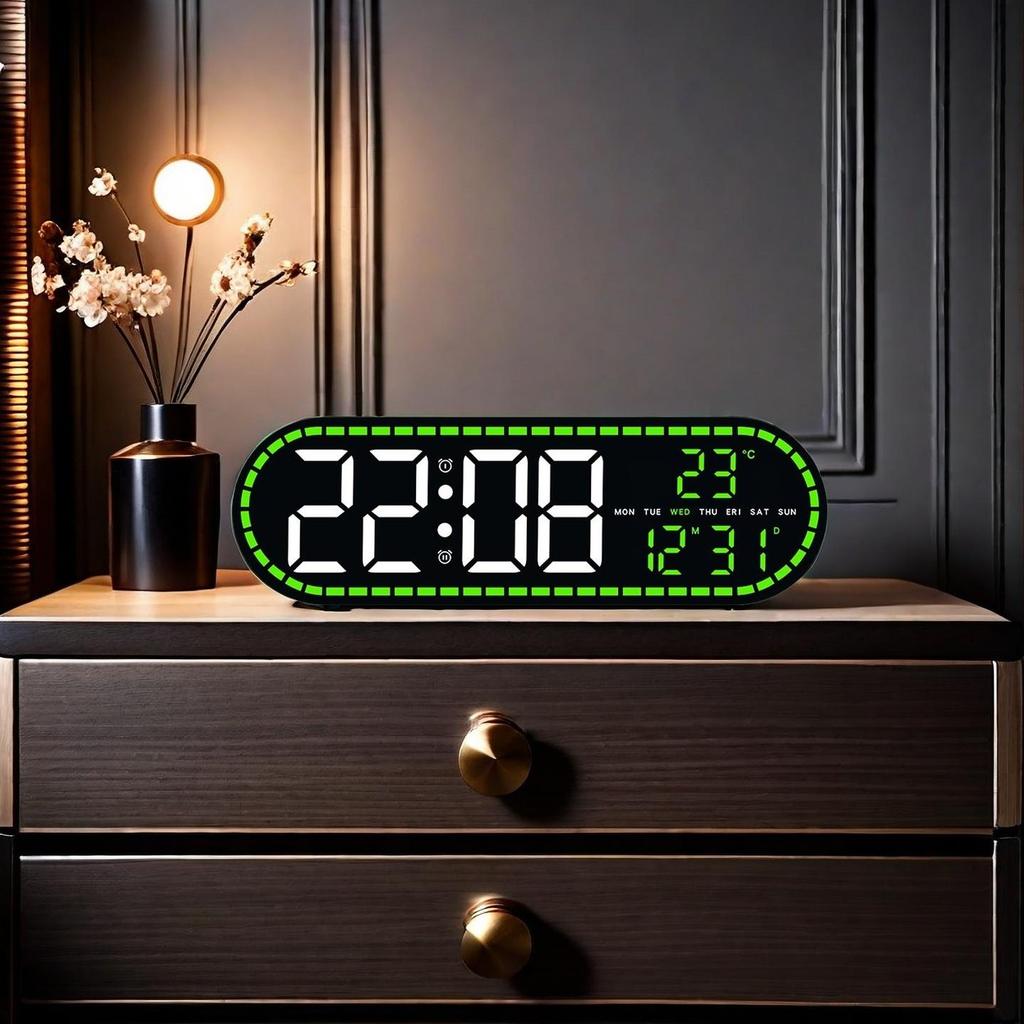 Digital Wall Clock Temperature LED Clock Week Date 2 Alarms Brightness Adjustment Timer Snooze Second 12/24H USB Powered Clock