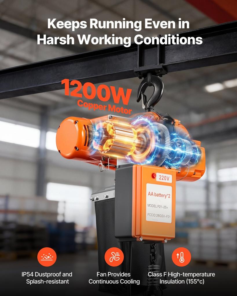 500 kg Electric Chain Hoist, 6 m Lifting Height, 230V Single Phase Overhead Crane with 100 m Wireless & 4.5 m Wired Remote Control, Power Electric