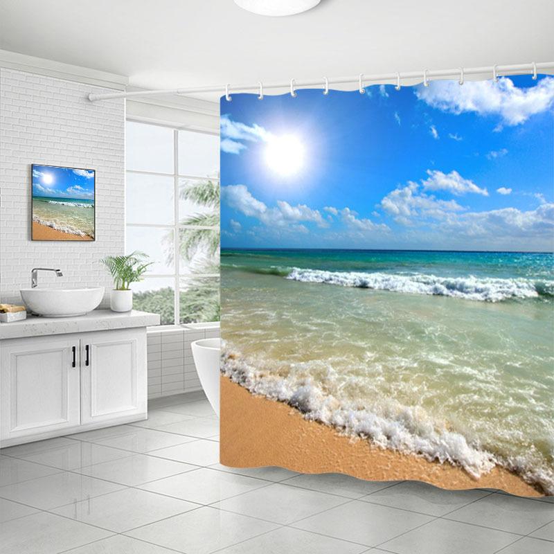 Shower Curtain Bathroom Fabric Non-Punching Beach Natural Scenery Digital Printing Shower Curtain With 12 Hooks