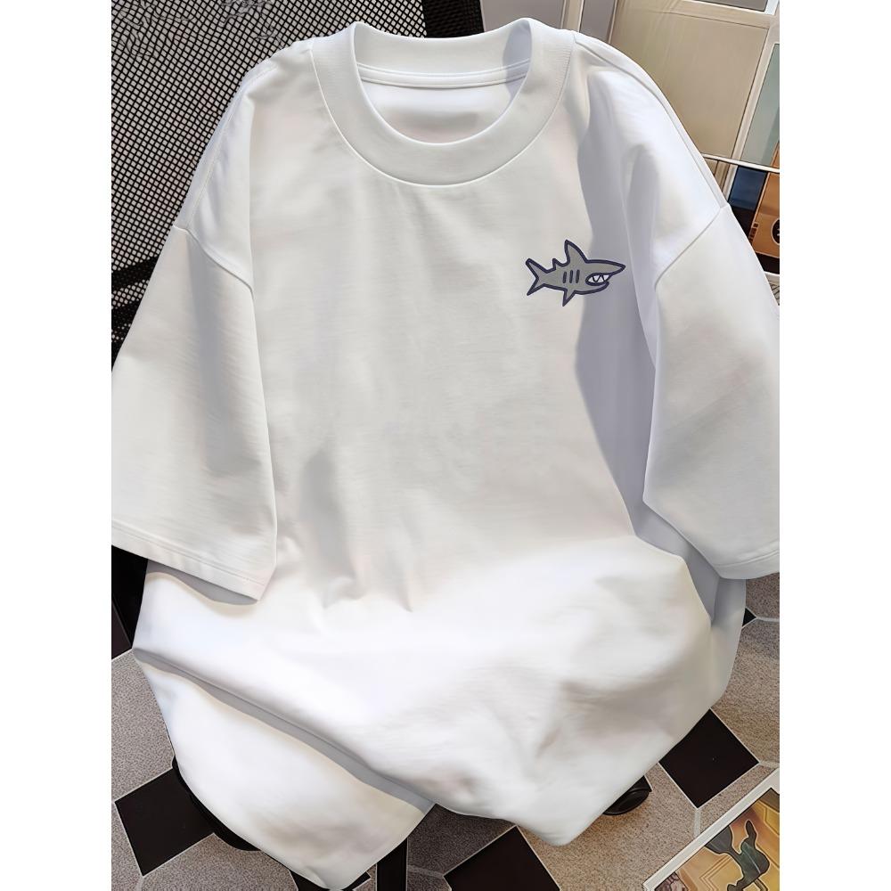 Men Cotton T-Shirt White Retro Vintage Oversized Fit with Shark Graphic Print, Round Neck Short Sleeve