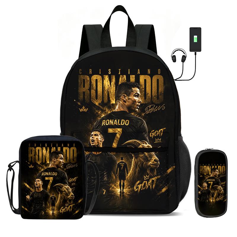 Learn, Travel Football Sport Rucksack Ronaldo 3 Pcs Set Kids Backpack Shoulder Bag, Pencil Bag, Football Star Knapsack