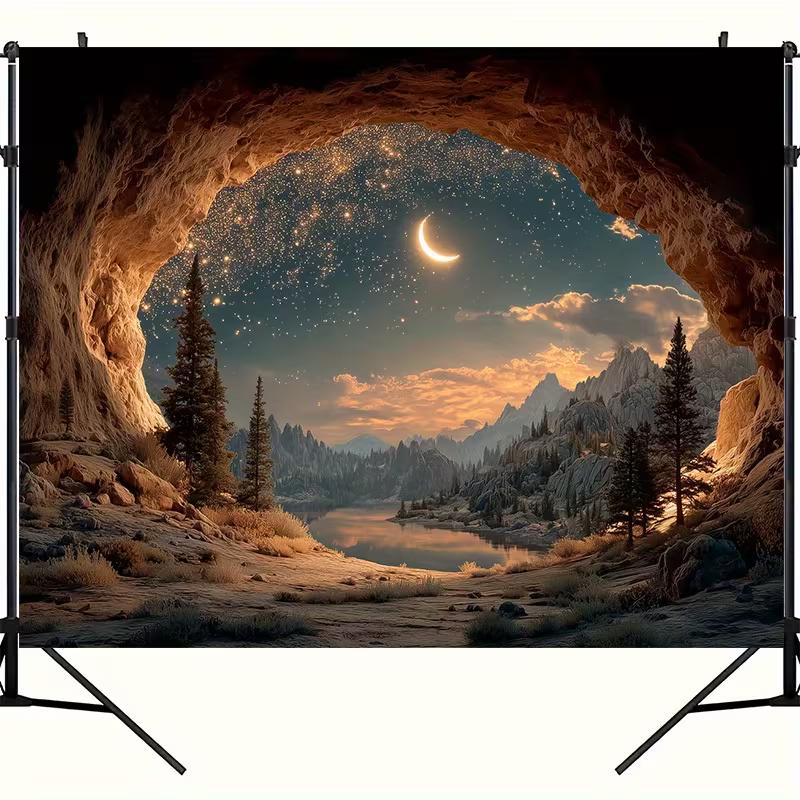2D Cave Starry Night Backdrop, Moon Mountain Lake Scenery Photography Background Cloth 47.2x31.5inch/120*80cm