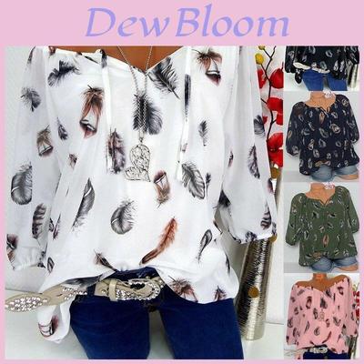 Boho Women V Neck Feather Print Tops In Soft Comfortable Fabric For Casual Outings