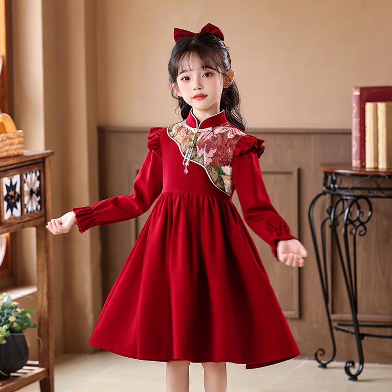 Girls' New Year Long-Sleeve Qipao: Children's Chinese-Style Autumn/Winter Dress 2026