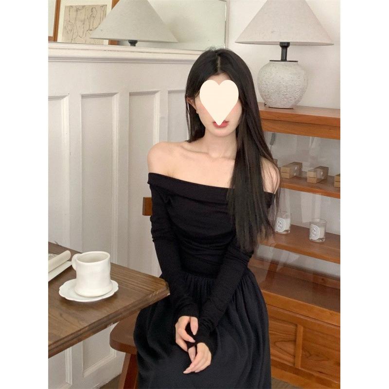 Temperament one-word collar long-sleeved dress for women's autumn new off-the-shoulder waist and thin A-word long dress
