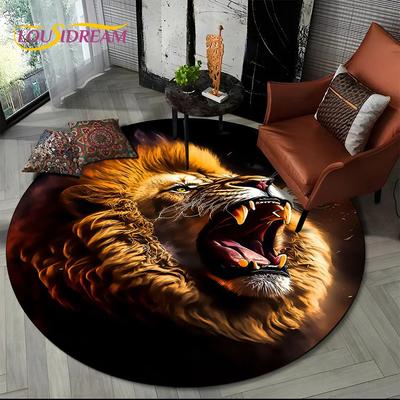 Tierische Wildtiere Cartoon Biest Tiger Löwe Leopard Runder Teppich Teppich für Wohnzimmer Schlafzimmer Kinderdeko, Haustierbereichsteppich Rutschmatte