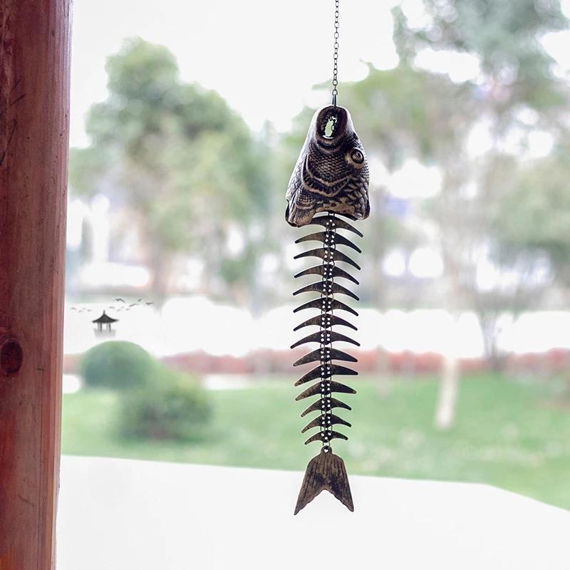 Vintage Fishbone Wind Chimes Cast Iron Fish Skeleton Windchime Patio Garden Decor for Home Window Porch Hanging Ornaments