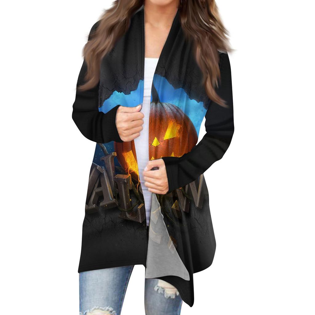 Women's Fashion Casual Halloween Print Medium Length Cardigan Jacket Coat