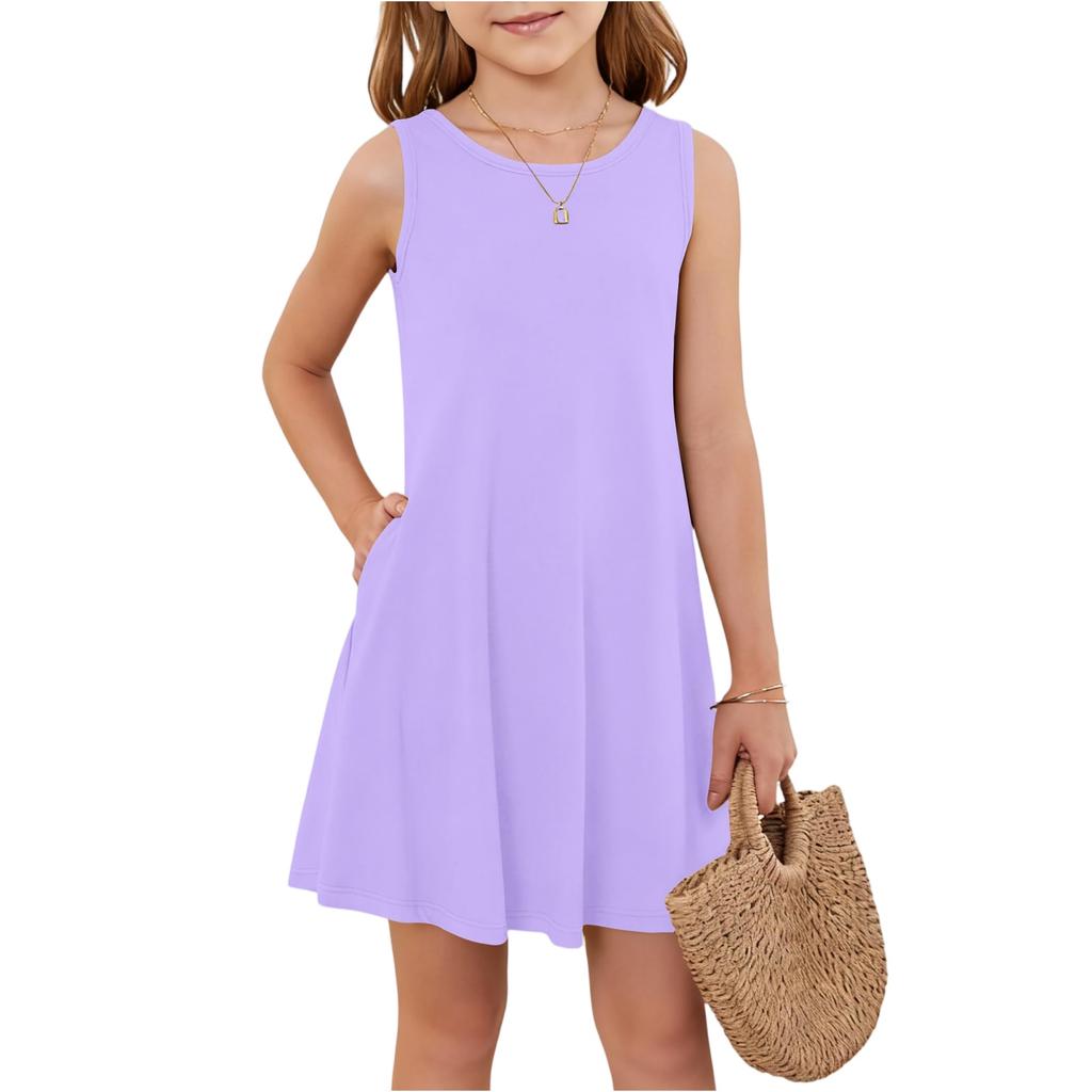 Girl Summer Dress Sleeveless Printed Color Casual Dress With Pocket