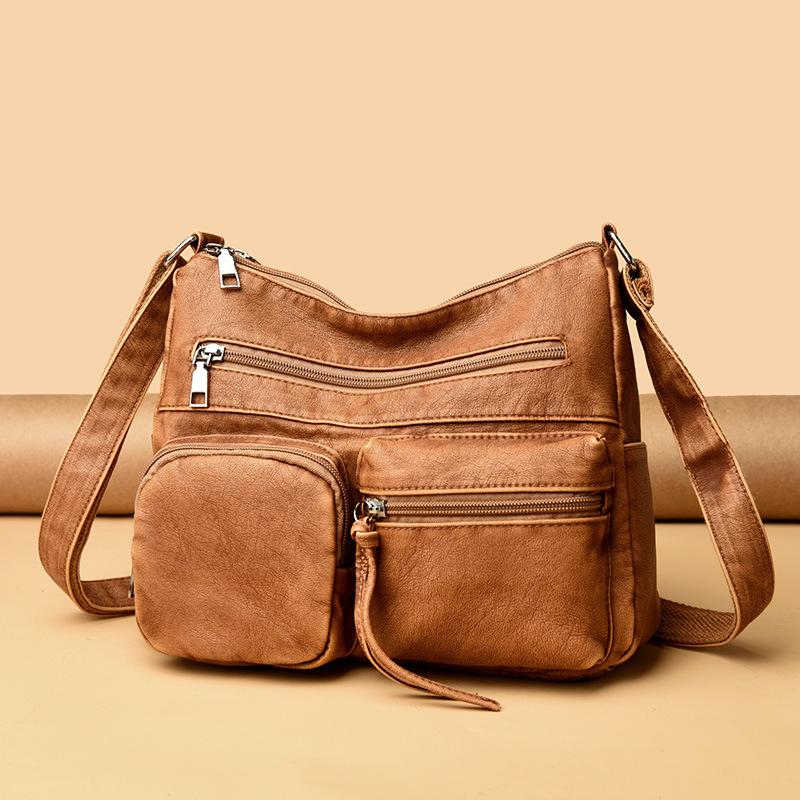 New women's bag retro fashion faded soft leather shoulder bag trendy multi-pocket large-capacity messenger bag