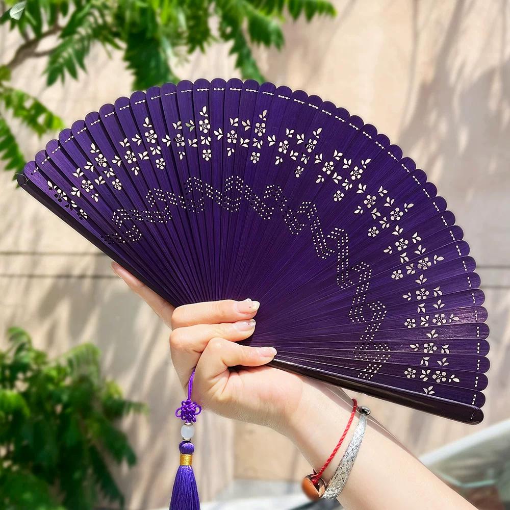Chinese Style Green Bamboo Fan for Women, Hollow Floral Folding Fan, Traditional Portable Easy-To-Open and Close Hanfu Dance Fan