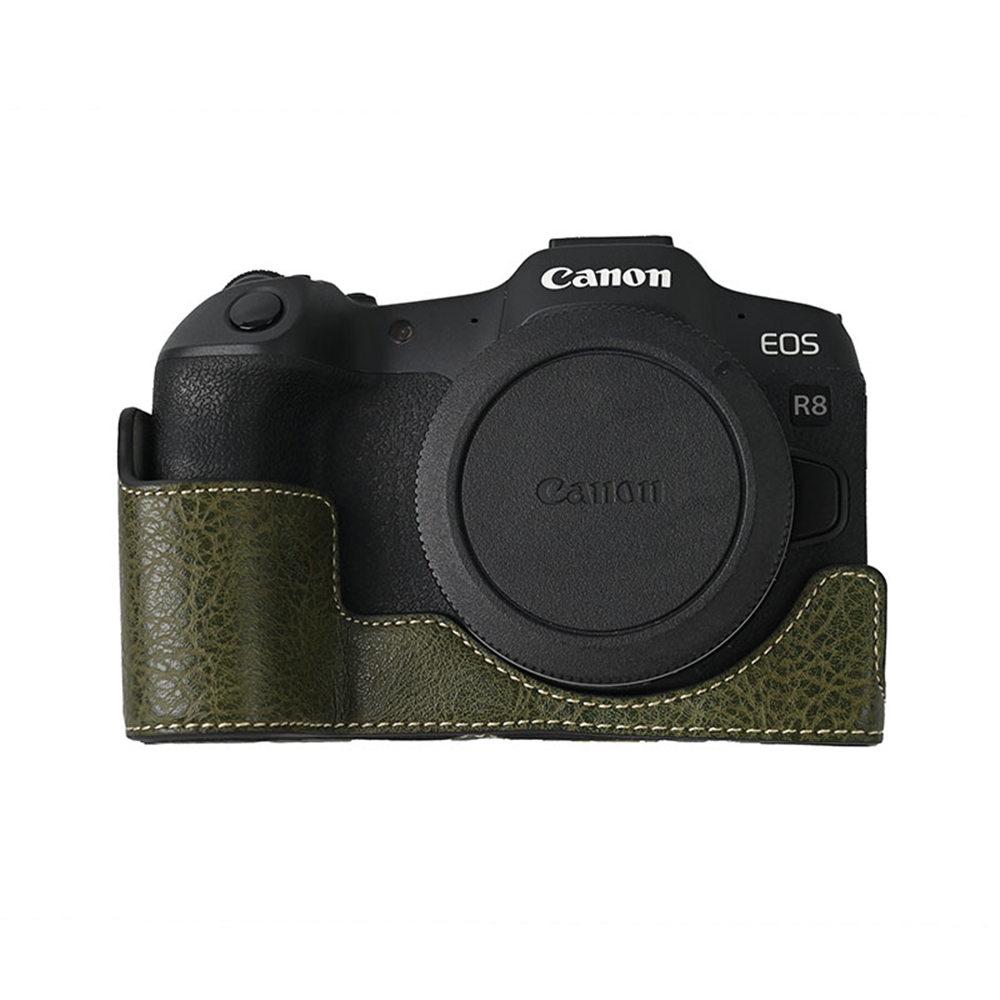 R8 Skórzany Pokrowiec Pół-Etui PU Wzór Litchi do Aparatu Canon EOS R8 Otwór Dolny Pokrywa Magnetyczna