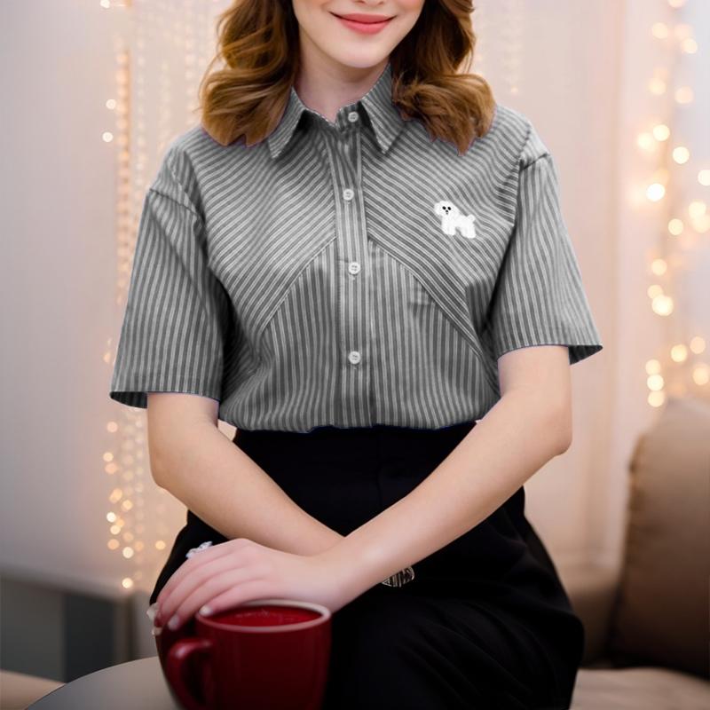 ZANZEA Women Casual Turn Down Collar Short Sleeve Loose Stripe Blouse