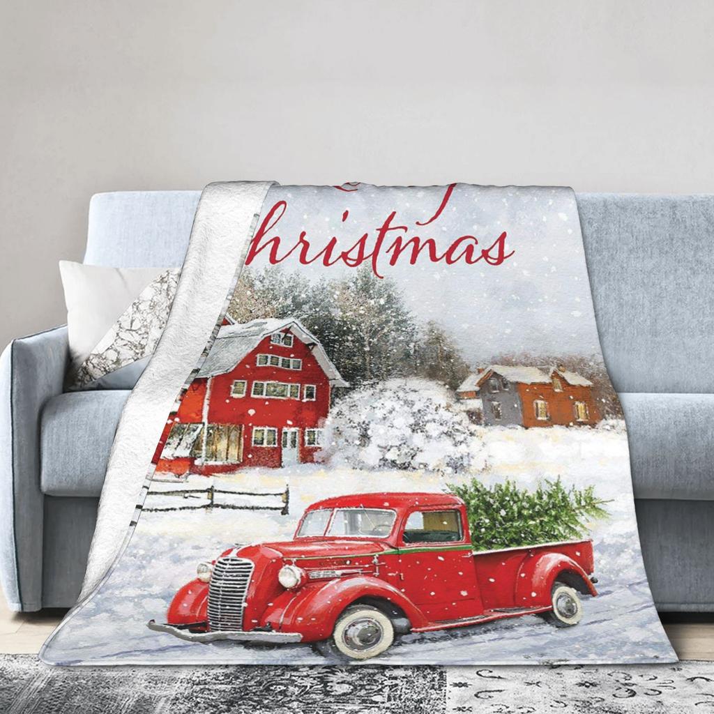 Red Truck Christmas Fleece Throw Blanket Nordic Merry Christmas New Year Blanket for Home Outdoor Super Warm Plush Thin Quilt
