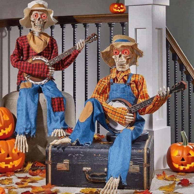 Dueling Banjo Playing Skeletons Halloween Decoration Set Illuminating Plastic Musicians For Home Yard Themed Parties