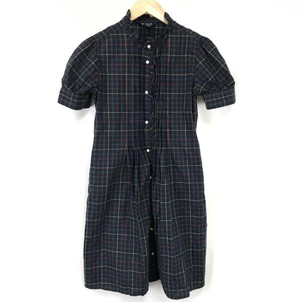 RALPH LAUREN Short Sleeve Frill Shirt Dress Teen 16 Adult XS-S Navy Check Mini Length Spring Summer(USED)