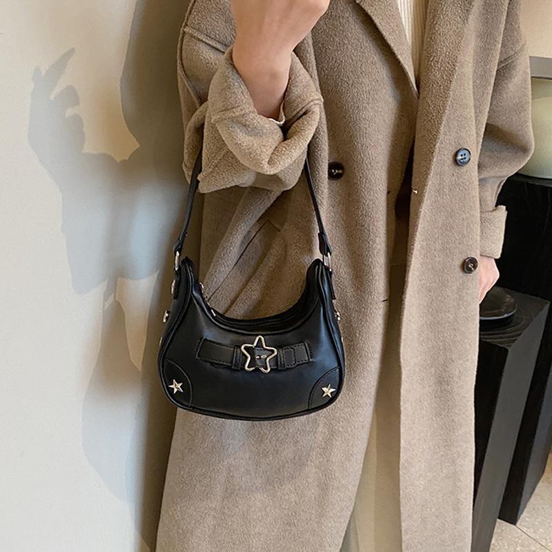 Women Shoulder Handbag Vintage Casual Hobos Denim Star Decor Solid Color Underarm Bag for Girls Ladies Purse Tote