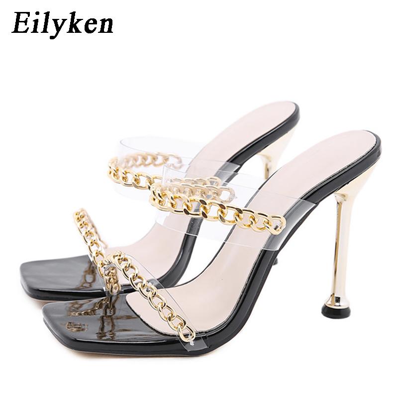 Clear PVC Transparent High Heel Slippers Summer Fashion Chain Design Slip On Square Toe Slides Women Mules Pumps