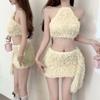 Design Sense Is Slim and Pure Hot Girl College Style Sexy Backless Furry Halter Neck Vest Hip Skirt Plush Top Skirt Suit