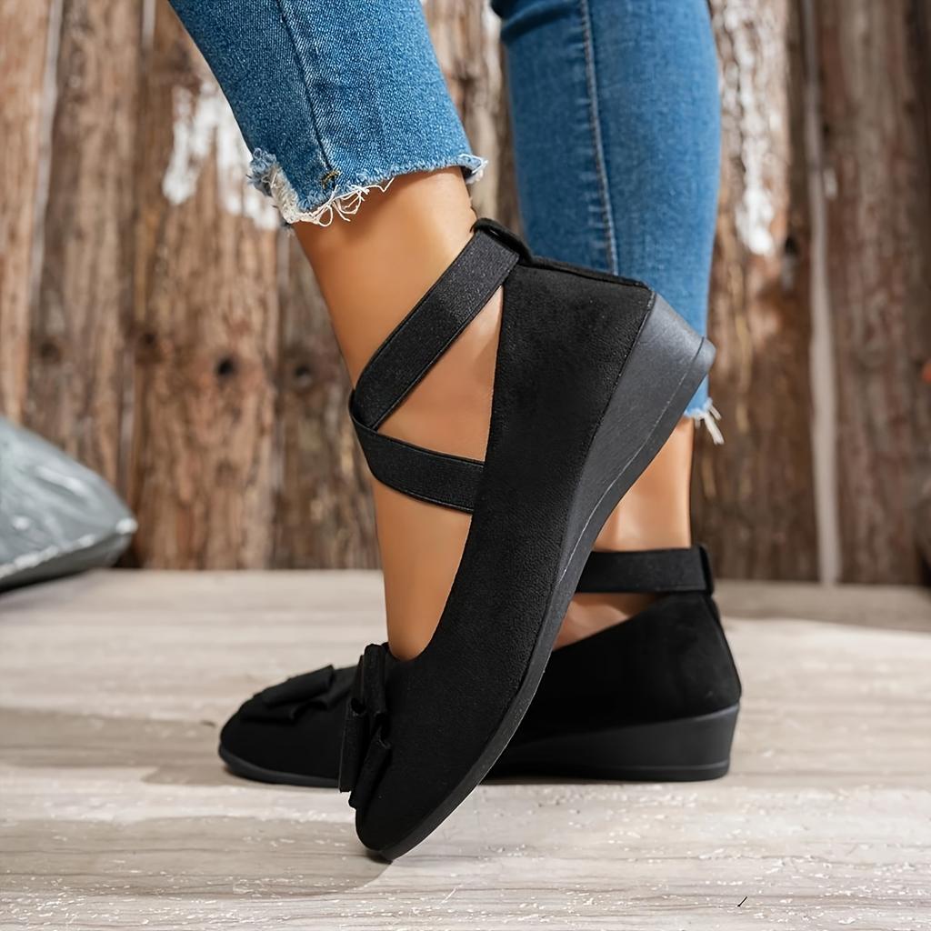 Bow-Crossed Elastic Strap Vintage Fashion Flats 2025 New Pointed-Toe Low-Cut Solid-Color Mary Janes