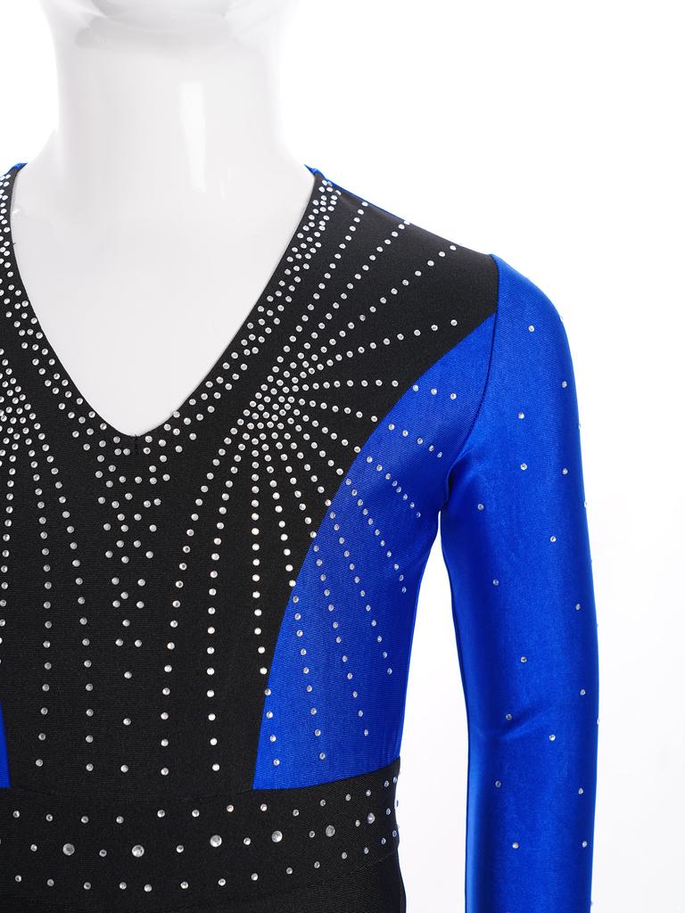Boys Latin Dance Jumpsuit Color Block Design V Neck Long Sleeve Full Body Leotard Skating Performance Costume