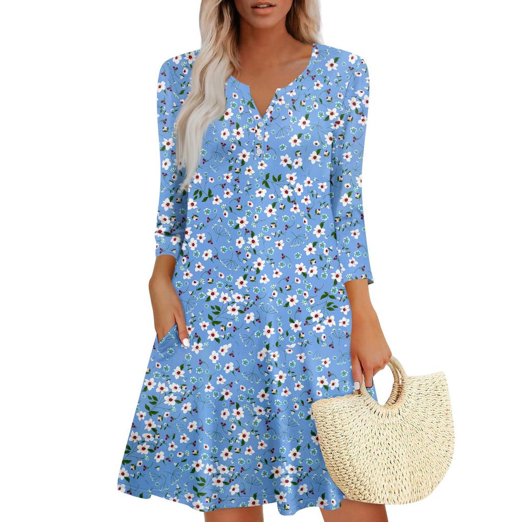 Women's Summer Dress Loose V Neck Three-quarter Sleeve Sundress With Pockets Dress