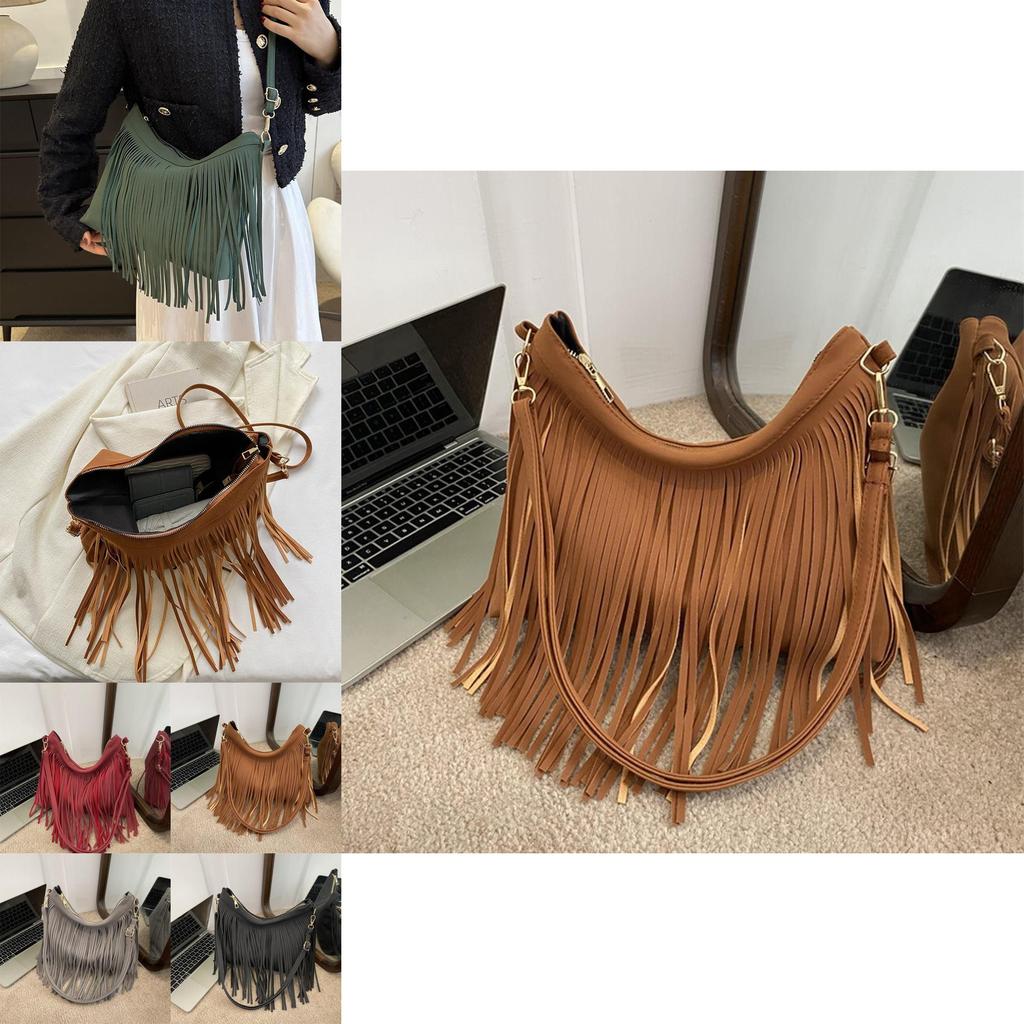 Borsa a Spalla Chic Retrò in Morbido Camoscio con alla Moda Design a Frange Perfetta per l'Autunno